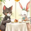 Cat And Bunny Drinking Coffee Diamond Painting