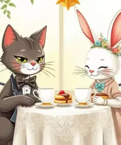 Cat And Bunny Drinking Coffee Diamond Painting