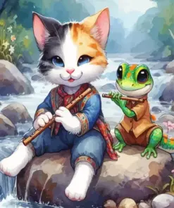 Cat And Lizard Playing Flute Diamond Painting