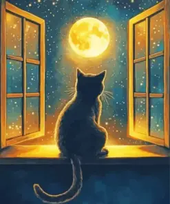 Cat Looking To The Moon Diamond Painting