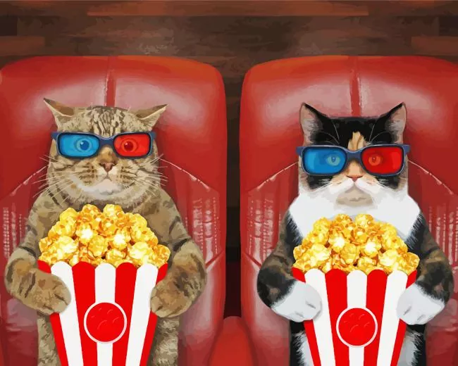 Cats eating popcorn in cinema Diamond With Numbers Cats Eating Popcorn In Cinema Diamond Painting