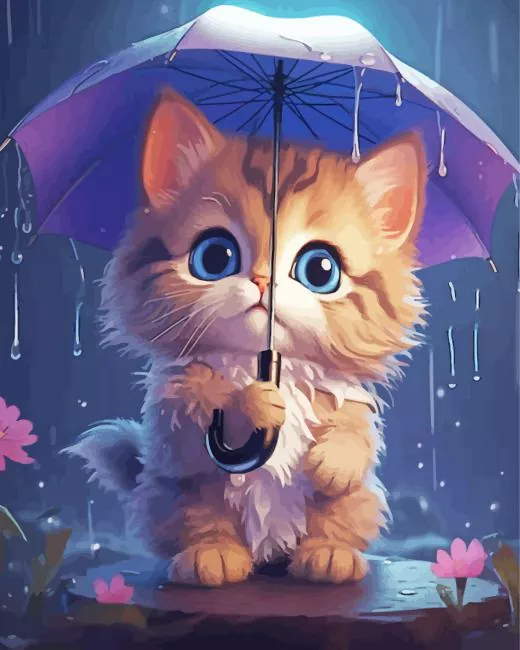 Cute cat holding umbrella Diamond With Numbers Cute Cat Holding Umbrella Diamond Painting