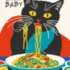 Illustration Cat Eating Spaghetti Diamond Painting