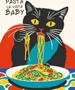 Illustration Cat Eating Spaghetti Diamond Painting