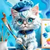 White Cat Holding Paintbrush Diamond Painting
