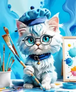 White Cat Holding Paintbrush Diamond Painting