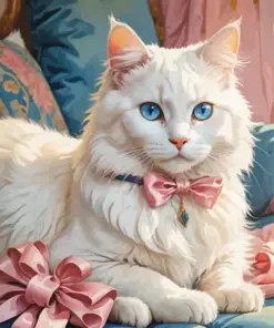 White Fluffy Cat In A Pink Bow Diamond Painting