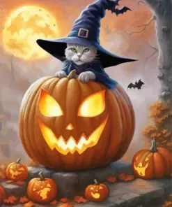 Witch Cat On A Pumpkin Diamond Painting