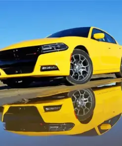 Yellow Charger Car Water Reflection Diamond Painting