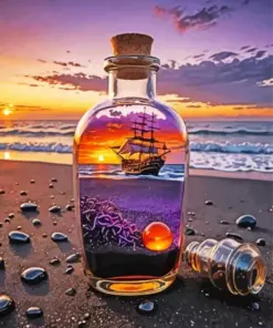 Aesthetic Ship Bottle Sunset Art Diamond Painting