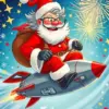 Cartoon Santa On A Rocket Diamond Painting
