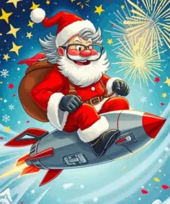 Cartoon Santa On A Rocket Diamond Painting
