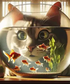 Cat And Fish Bowl Diamond Painting