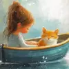 Cat And Girl On Boat Art Diamond Painting