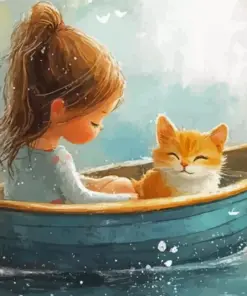 Cat And Girl On Boat Art Diamond Painting