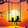 Cat And Girl Silhouette On Swing Diamond Painting