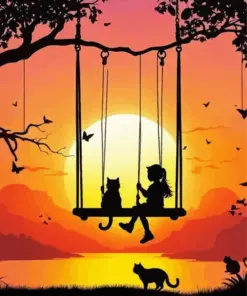 Cat And Girl Silhouette On Swing Diamond Painting