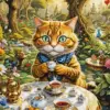 Cat Drinking Tea In Garden Diamond Painting