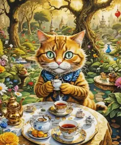 Cat Drinking Tea In Garden Diamond Painting