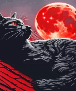 Cat On Roof Watching The Moon Diamond Painting