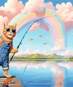 Cat Wearing Black Glasses Fishing Diamond Painting