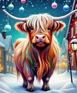 Colorful Highland Cow In Snow Diamond Painting