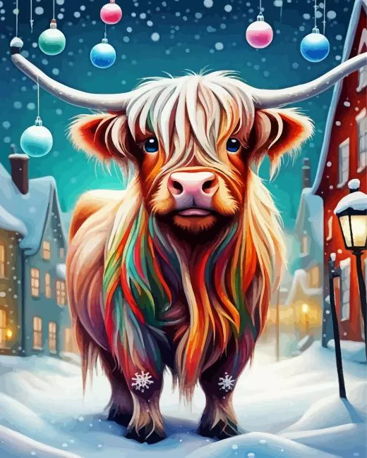 colorful highland cow in snow Diamond Paints Colorful Highland Cow In Snow Diamond Painting