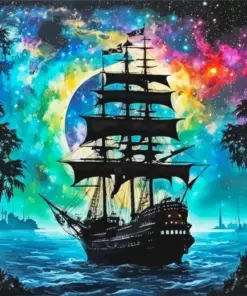 Galaxy Pirate Ship Silhouette Diamond Painting