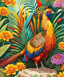 Golden Pheasant Bird And Flowers Diamond Painting