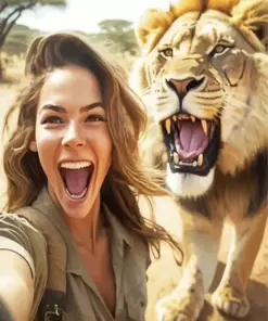 Lady And Lion Selfie Portrait Diamond Painting