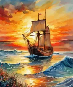 Ship In Sunset Diamond Painting