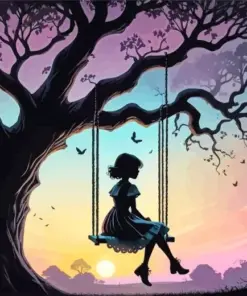 Silhouette Of A Girl On A Swing Diamond Painting