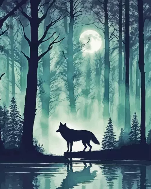 silhouette of a wolf forest Diamond Paintings Silhouette Of A Wolf Forest Diamond Painting