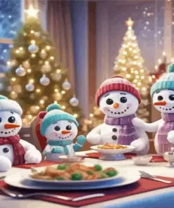 Snowman Family Having Dinner Diamond Painting