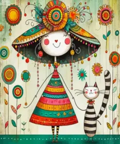 Whimsical Lady And Cat Diamond Painting