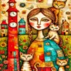 Whimsical Lady And Cats Diamond Painting