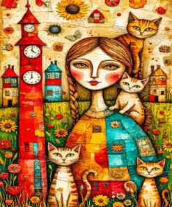 Whimsical Lady And Cats Diamond Painting